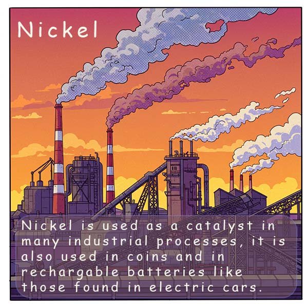 Uses of nickel metal in batteries and as a catalyst in industry.